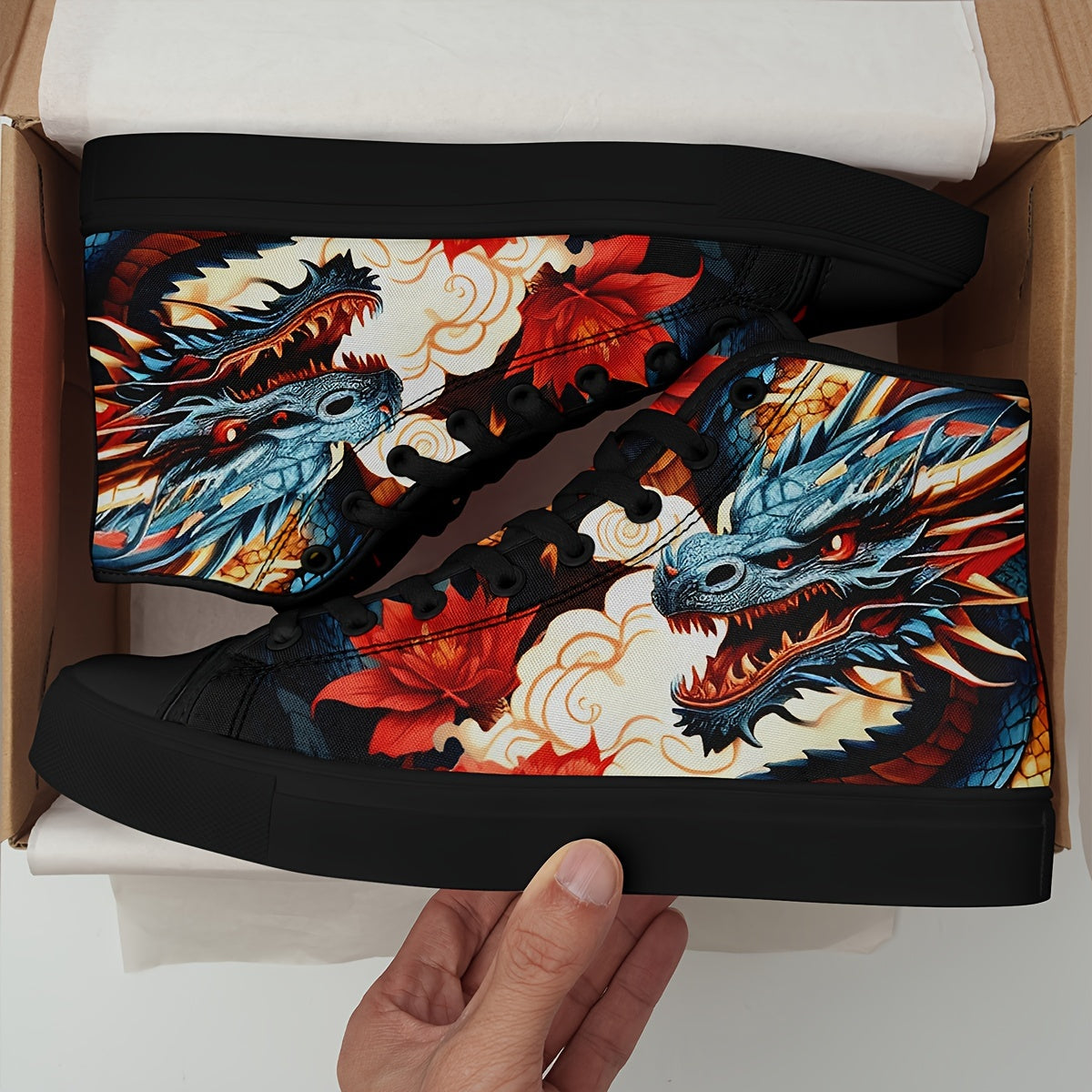 Men's Dragon Pattern High Top Skateboard Shoes - Non-Slip, Durable Lace-Up Sneakers - Hiccupzz