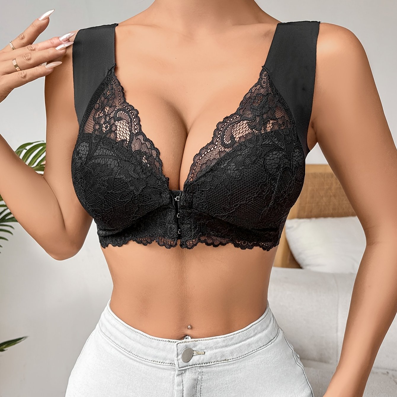 Simple Solid Contrast Lace Front Buckle Bra, Comfy & Breathable Wireless Push Up Bra - Hiccupzz