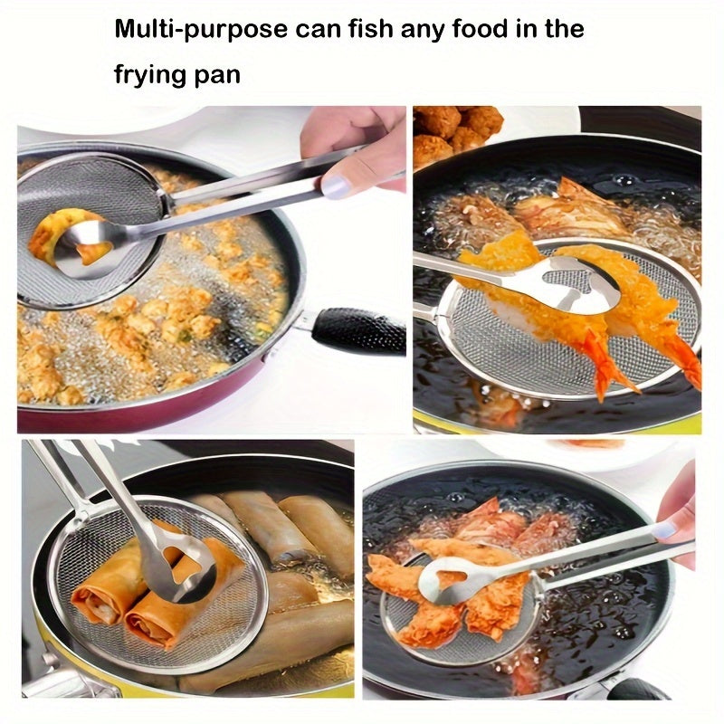 Stainless Steel Kitchen Strainer Spoon & Tongs, High-Temperature Resistant, Ideal for Frying Foods