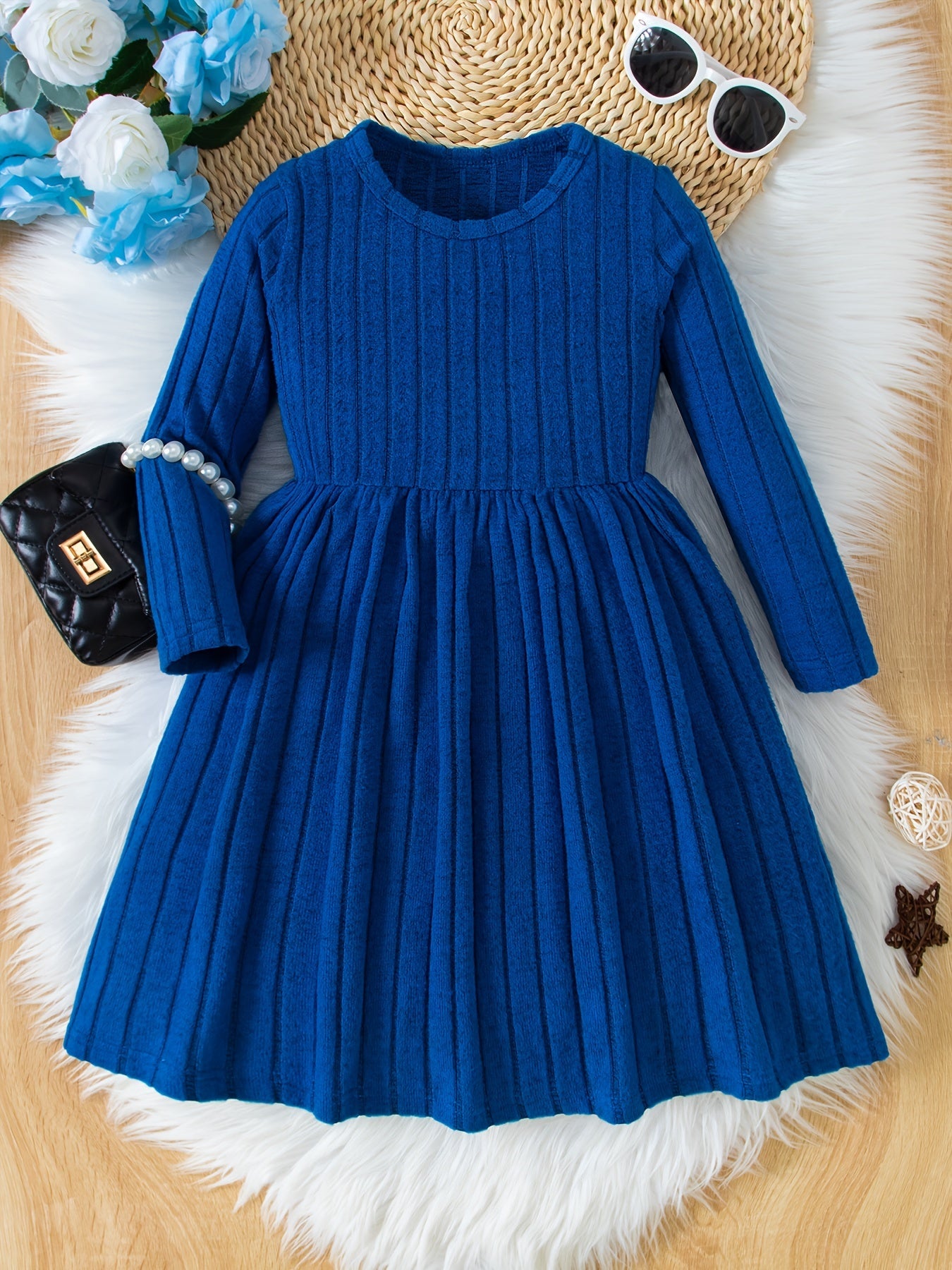 Girls Solid Color Dress, Simple Versatile, Round Neck, Long Sleeve - Hiccupzz