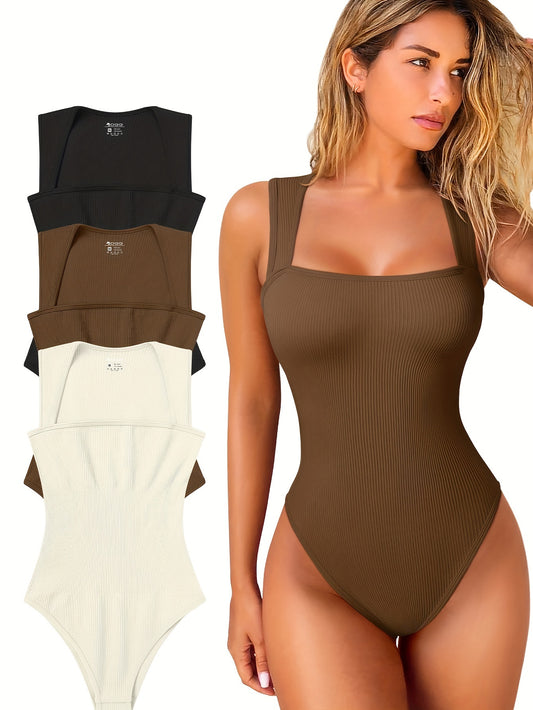OQQ 3 Piece Bodysuits For Women Sexy Ribbed Strappy Square Neck Stretch Tank Tops Bodysuits - Hiccupzz