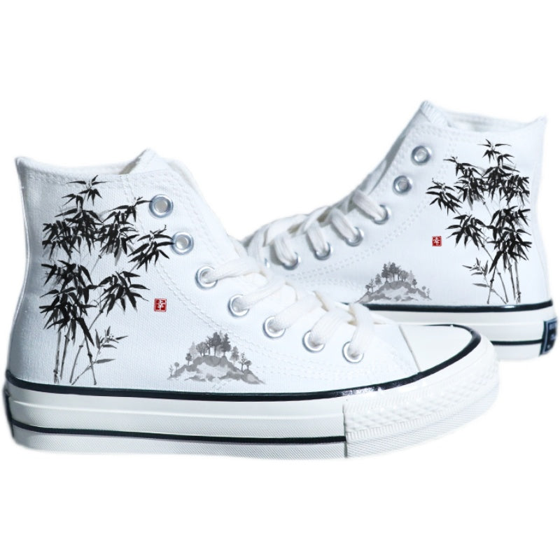 Chinese Style Canvas Shoes Retro Landscape Painting Lotus Pond Bamboo Forest Student High-top Board Shoe - Hiccupzz
