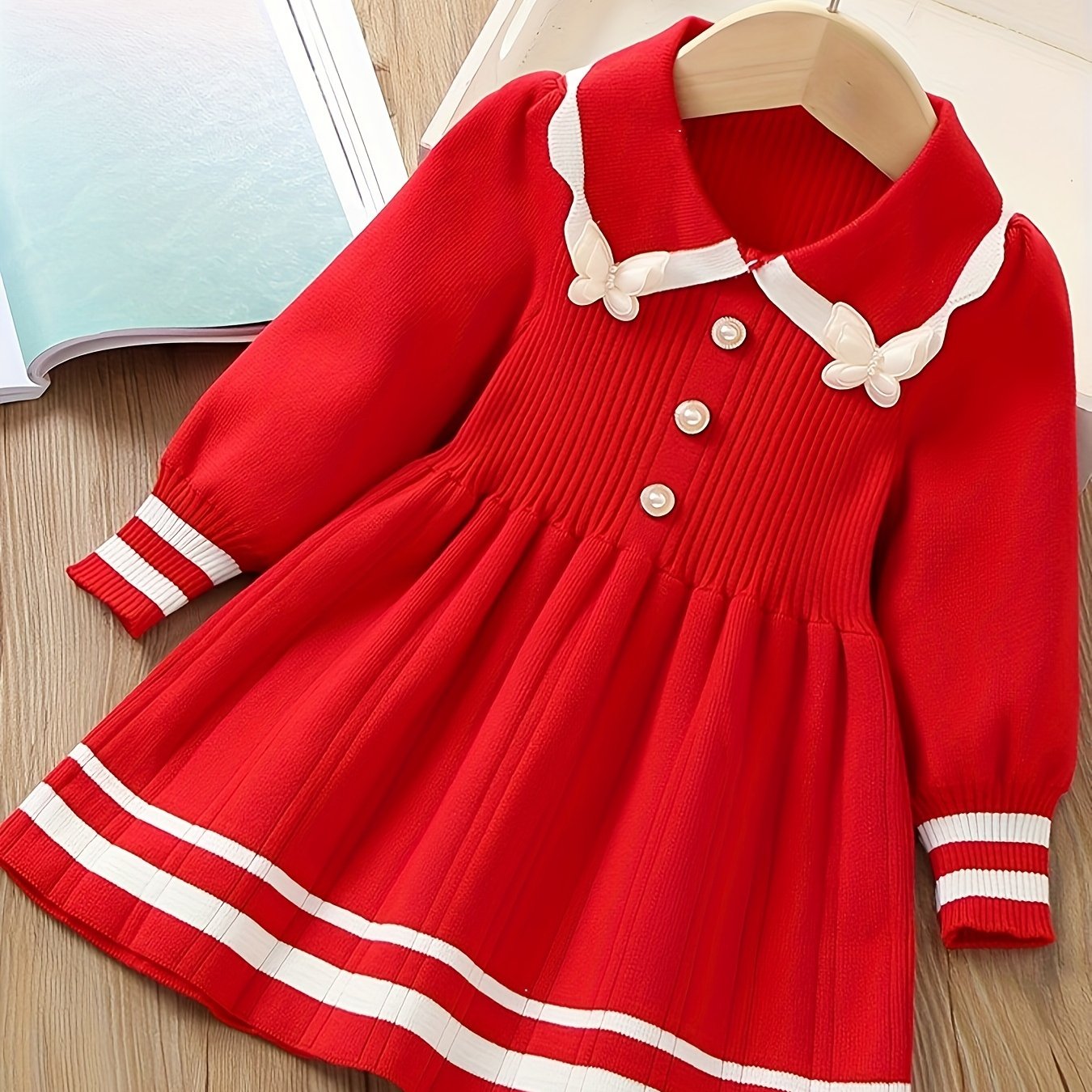 Girls Knit Dress, Color Contrast Butterfly Design, Warm and Cute - Hiccupzz