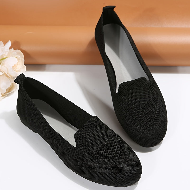 Women's Black Slip-On Flats - Breathable Knitted Round Toe Non-Slip Casual Lightweight Walking Shoes - Hiccupzz