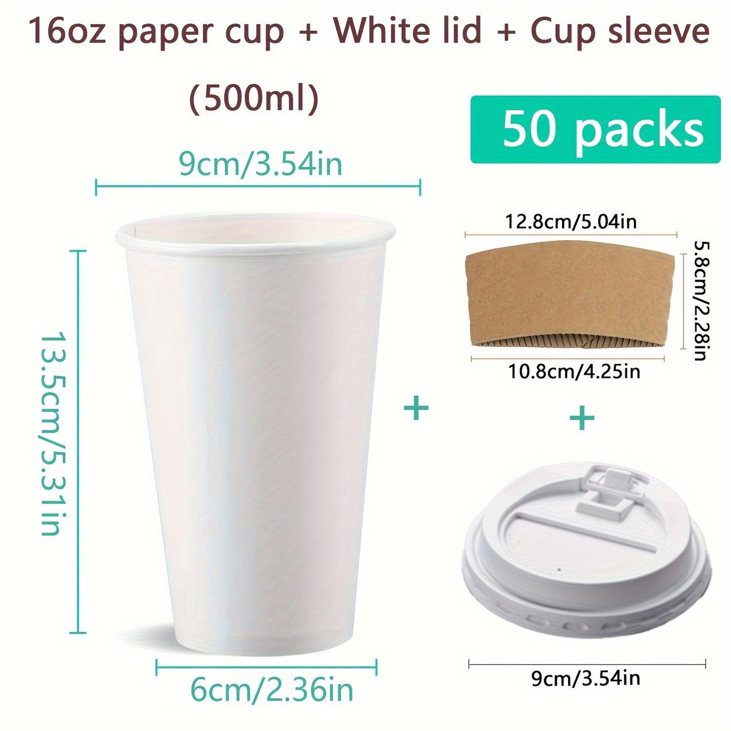 50-Pack Disposable Coffee Cups with Lids & Sleeves - 12/16 oz Eco-Friendly White Paper Cups, Black Lids for Hot Drinks, Tea, or Chocolate - Hiccupzz