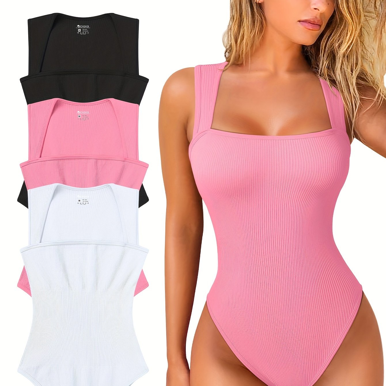 OQQ 3 Piece Bodysuits For Women Sexy Ribbed Strappy Square Neck Stretch Tank Tops Bodysuits - Hiccupzz