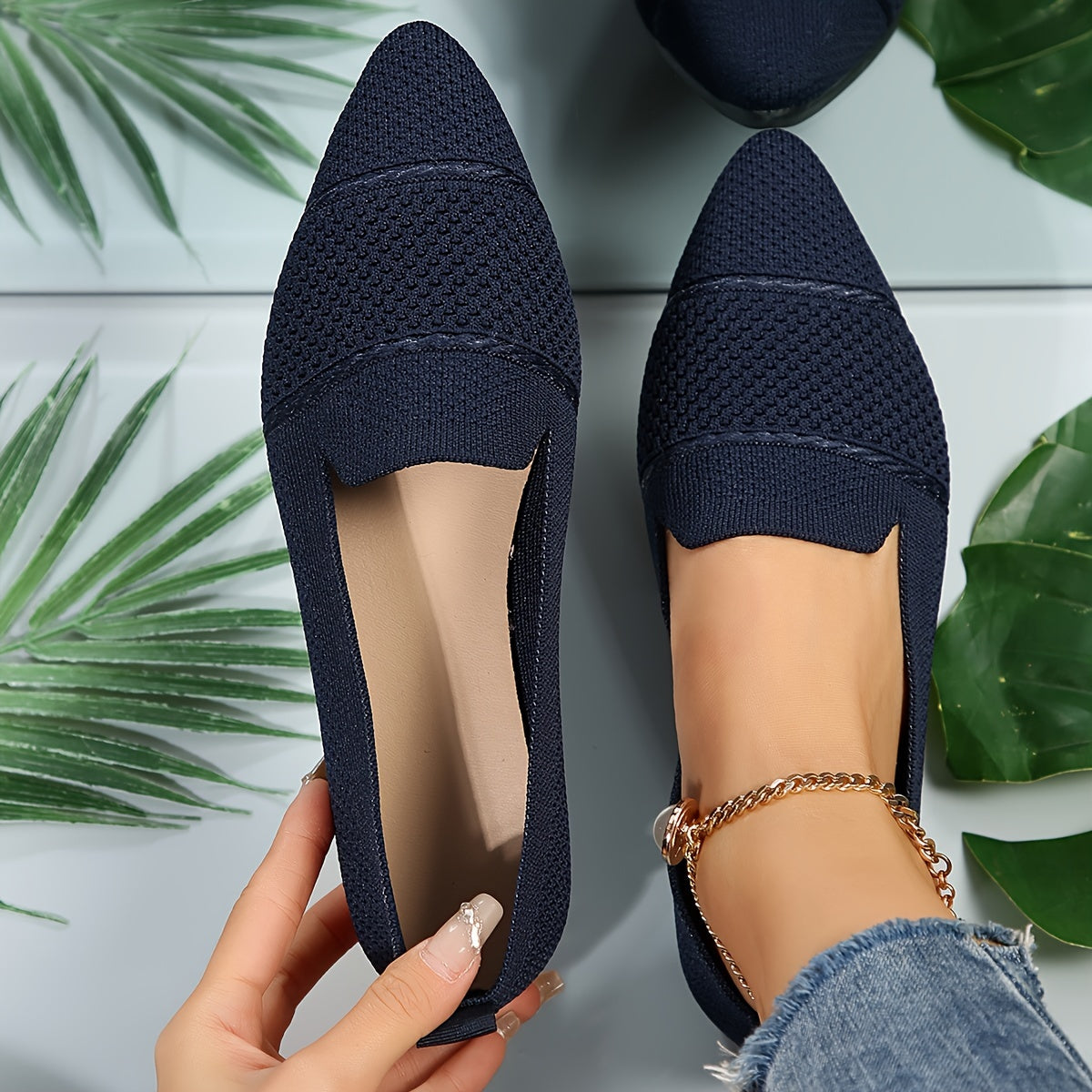 Women's Minimalist Slip-On Knitted Flats, Point Toe, Soft Sole Ballets, Lightweight Comfort - Hiccupzz