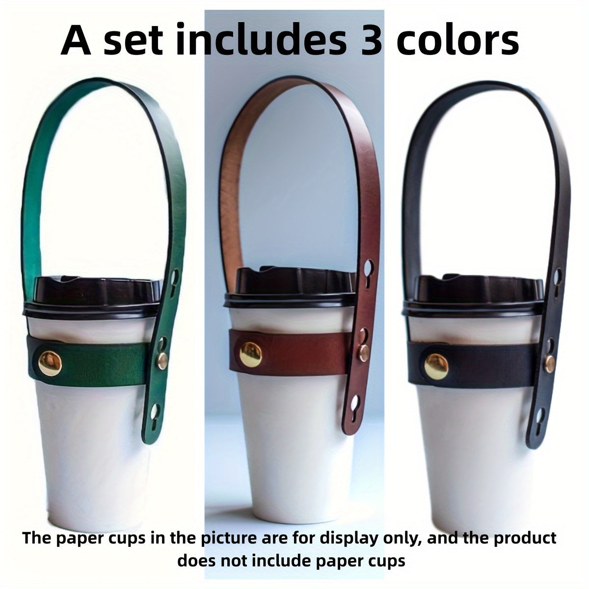 3 Pcs Faux Leather Coffee Cup Holders with Adjustable Straps - Perfect for Outdoor Adventures, Travel & Cruises - Vintage Green, Classic Brown, Deep Black - Hiccupzz