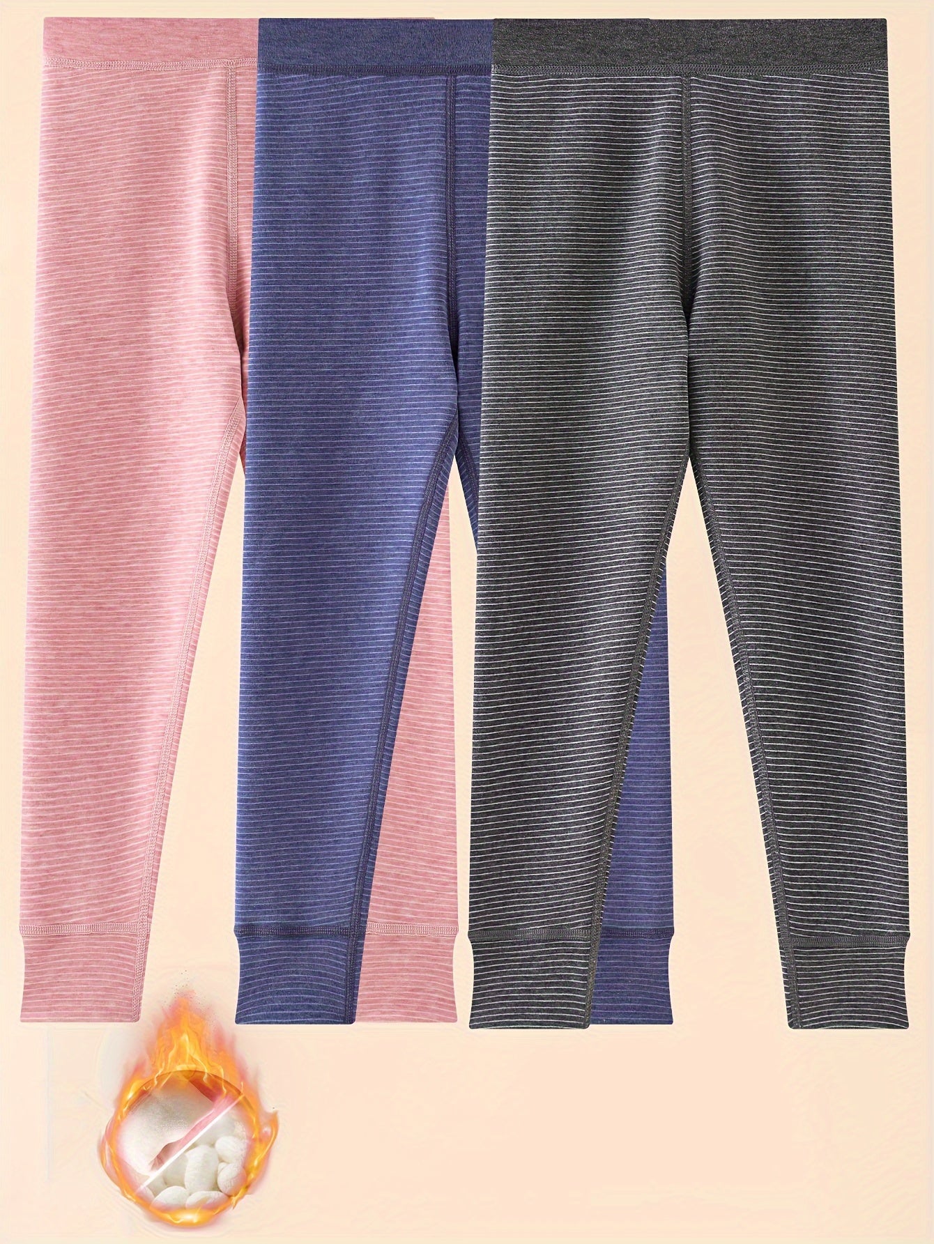 3-Pack Kids' Winter Thermal Pants - 100% Polyester Striped Knit Fabric, Warm Bottoms for Boys & Girls - Hiccupzz