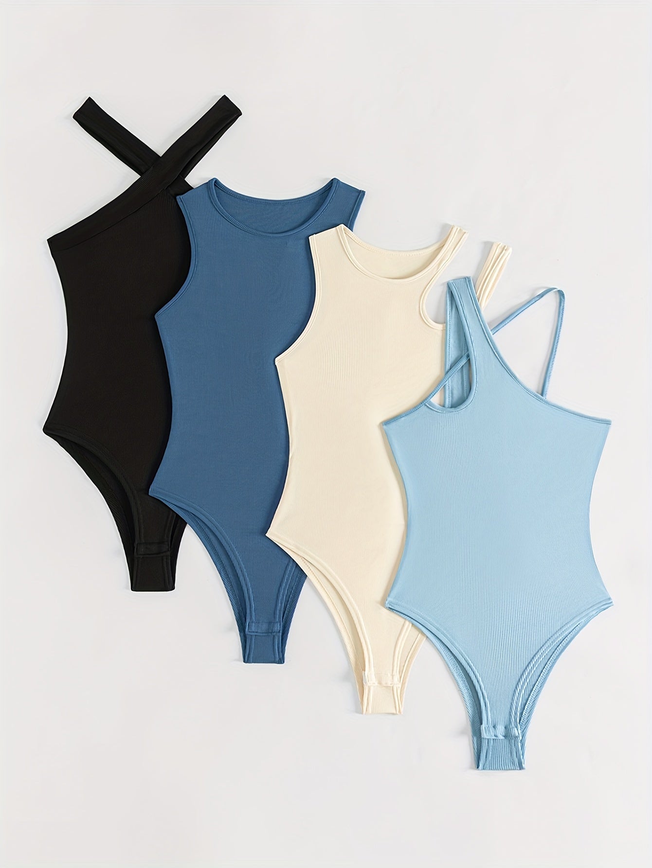 4 pack Trendy Asymmetrical Shoulder Bodysuits for Women - Comfortable and Stylish Solid Bodysuits - Hiccupzz