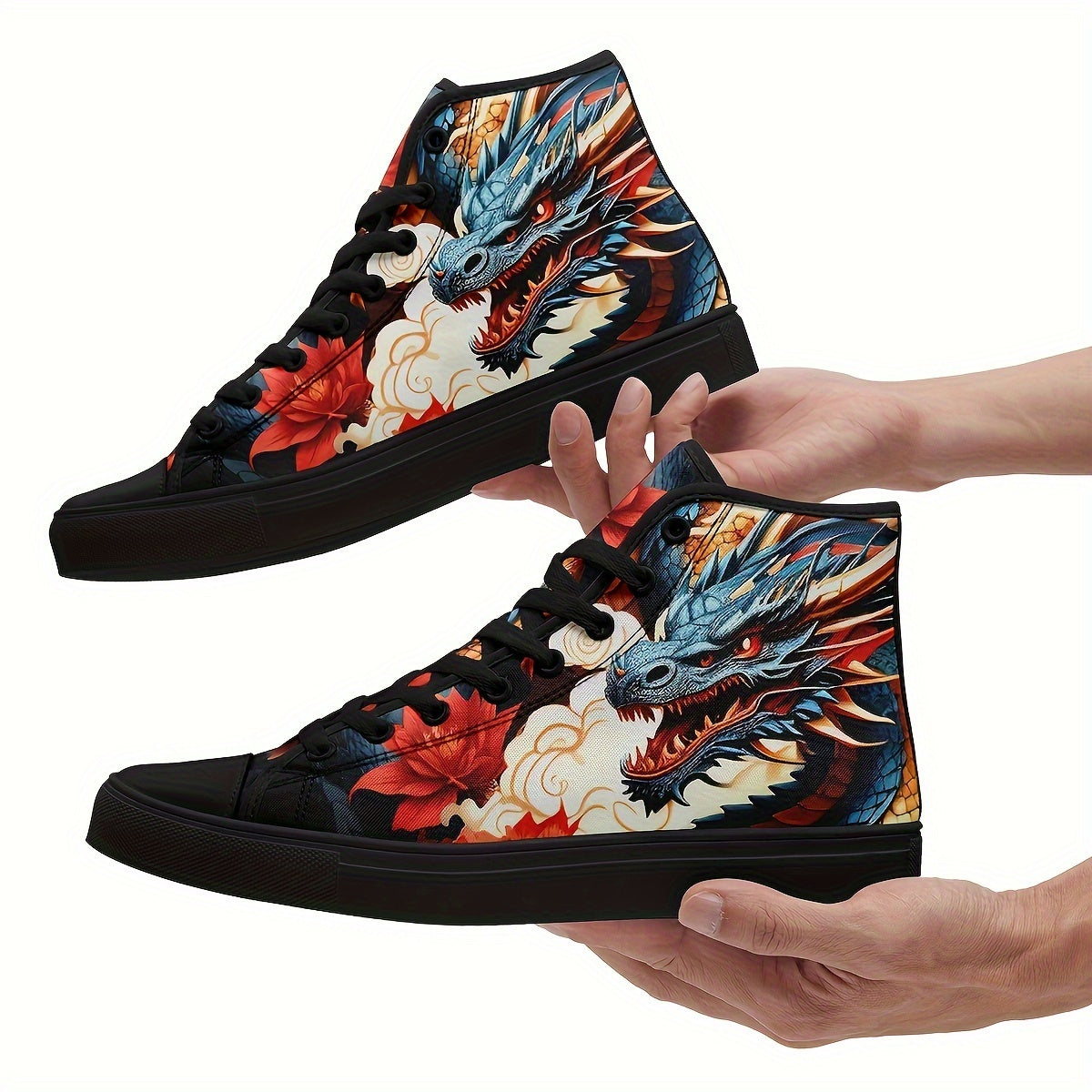 Men's Dragon Pattern High Top Skateboard Shoes - Non-Slip, Durable Lace-Up Sneakers - Hiccupzz