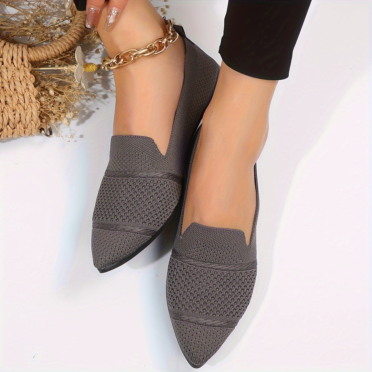 Women's Minimalist Slip-On Knitted Flats, Point Toe, Soft Sole Ballets, Lightweight Comfort - Hiccupzz