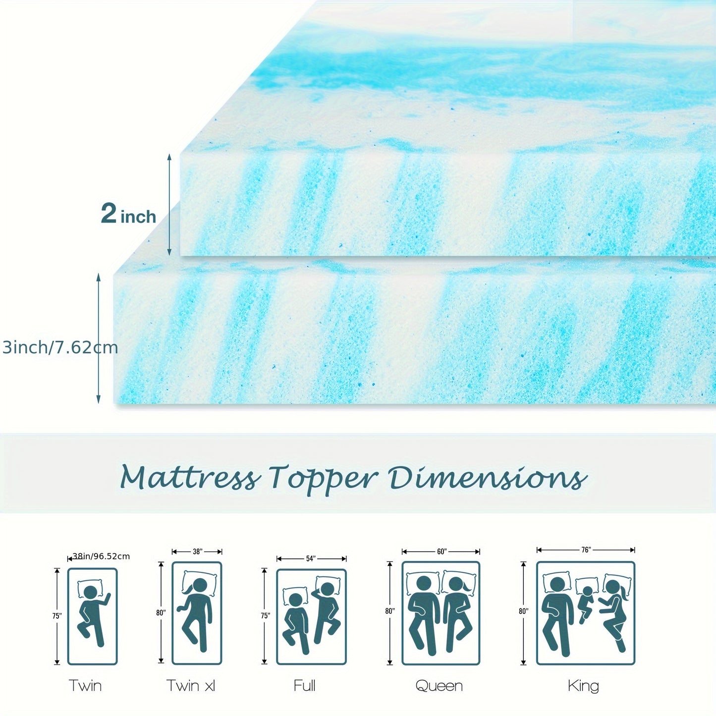 Gel-Infused Cooling Memory Foam Mattress Topper - 2 Inch Thick for Sleeper Sofa - Hiccupzz