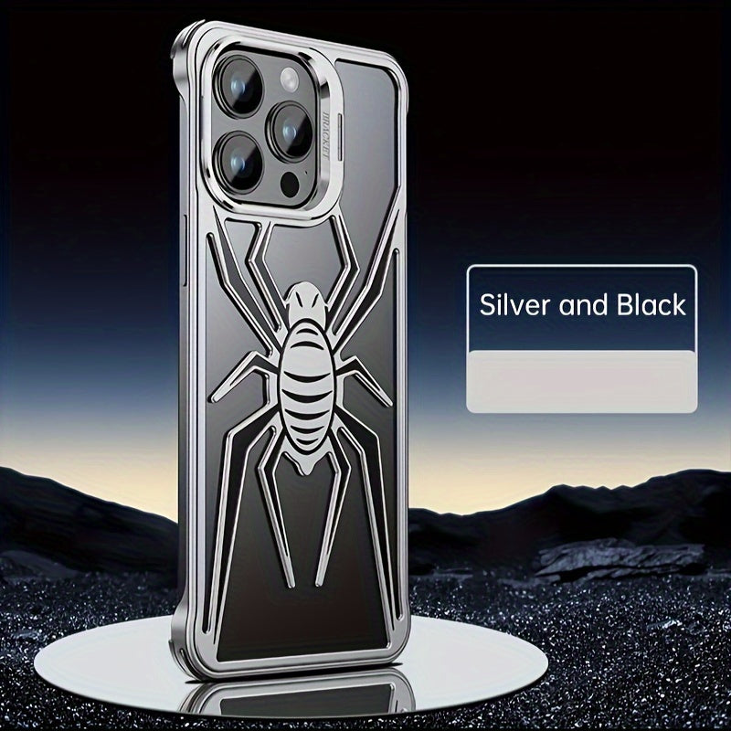 Case for iPhone 13 14 15 Pro Max/Pro/Plus, Aluminum Metal Spider Pattern Design Frameless Heat Dissection Minimalist Slim Lightweight Case with Built in Camera Stand, Black/Red/Silver - Hiccupzz