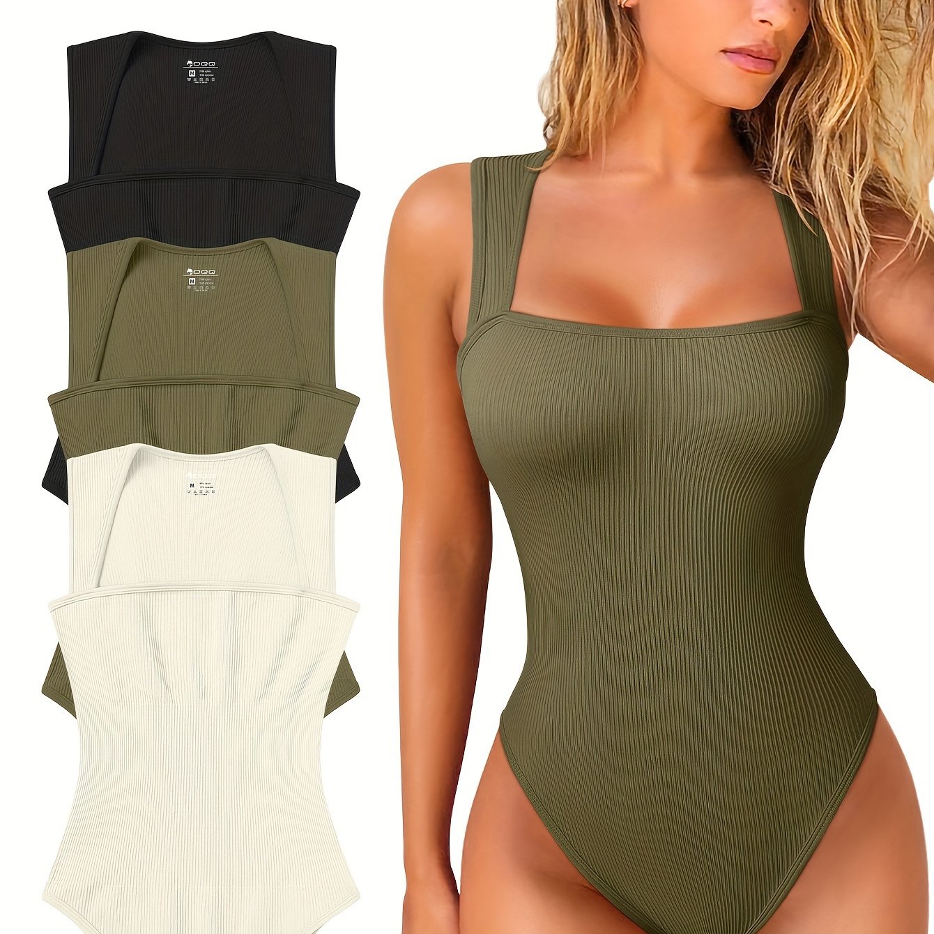 OQQ 3 Piece Bodysuits For Women Sexy Ribbed Strappy Square Neck Stretch Tank Tops Bodysuits - Hiccupzz