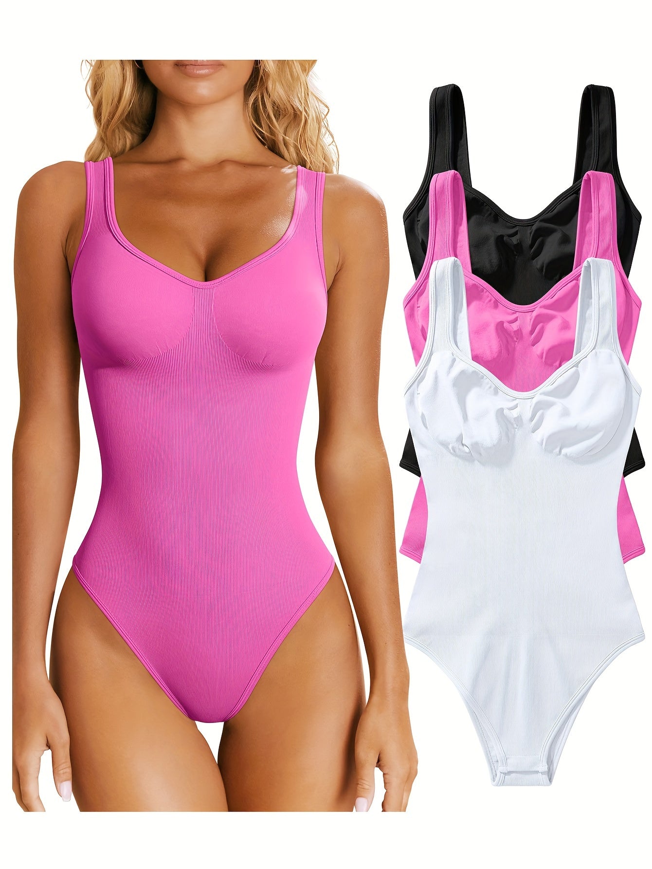 OQQ Women's 3 Piece Bodysuits Sexy Ribbed Sleeveless Shapewear Tank Tops Bodysuits - Hiccupzz