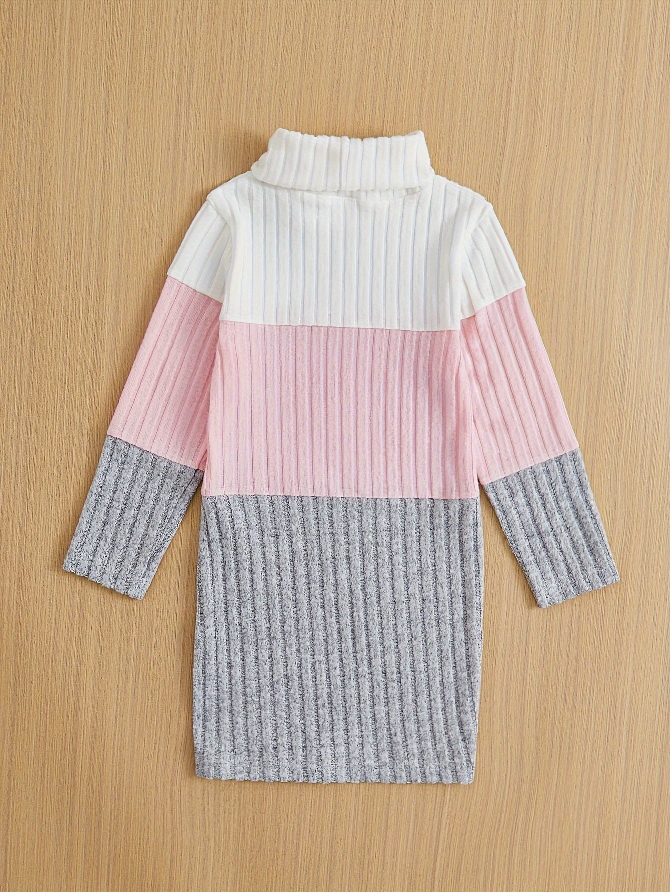 Girls Splicing Ribbed Knit Turtleneck Dress Kids Clothes Party Gift 3-8Y - Hiccupzz