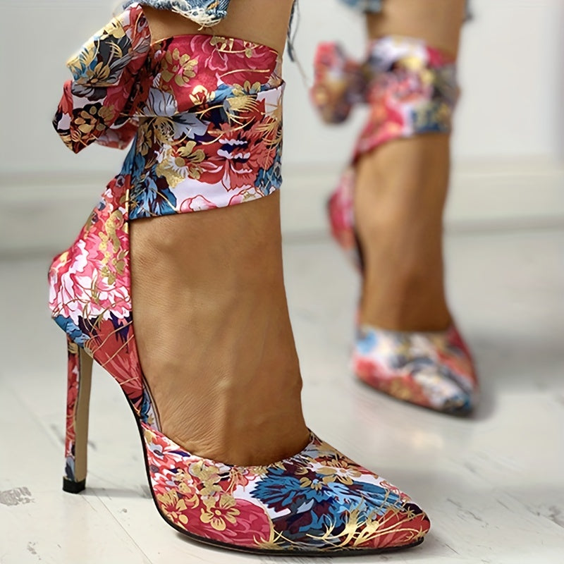 Floral Satin High Heels - Elegant Pointed Toe Lace Up Stilettos for Parties and Dressy Occasions - Hiccupzz
