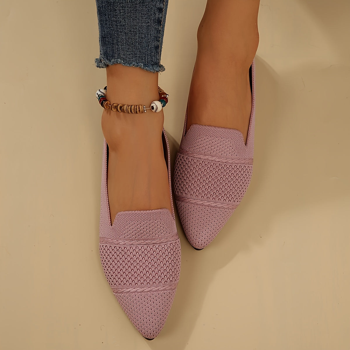 Women's Minimalist Slip-On Knitted Flats, Point Toe, Soft Sole Ballets, Lightweight Comfort - Hiccupzz