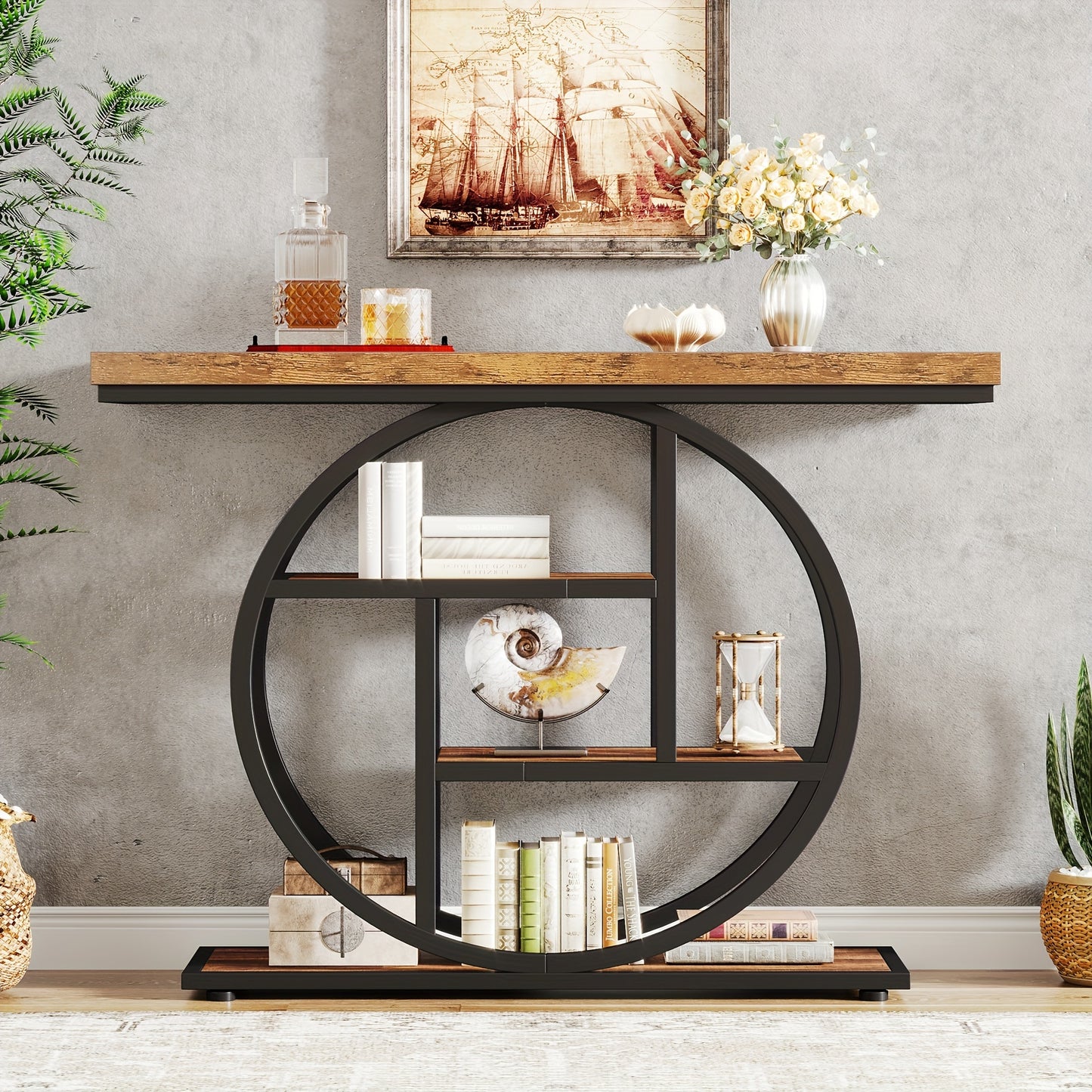 41.3" Console Table, 4-Tier Entryway Sofa Table with Circle Base, Rustic Brown Accent Table for Living Room & Hallway