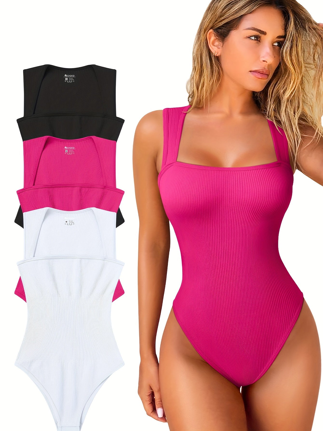 OQQ 3 Piece Bodysuits For Women Sexy Ribbed Strappy Square Neck Stretch Tank Tops Bodysuits - Hiccupzz