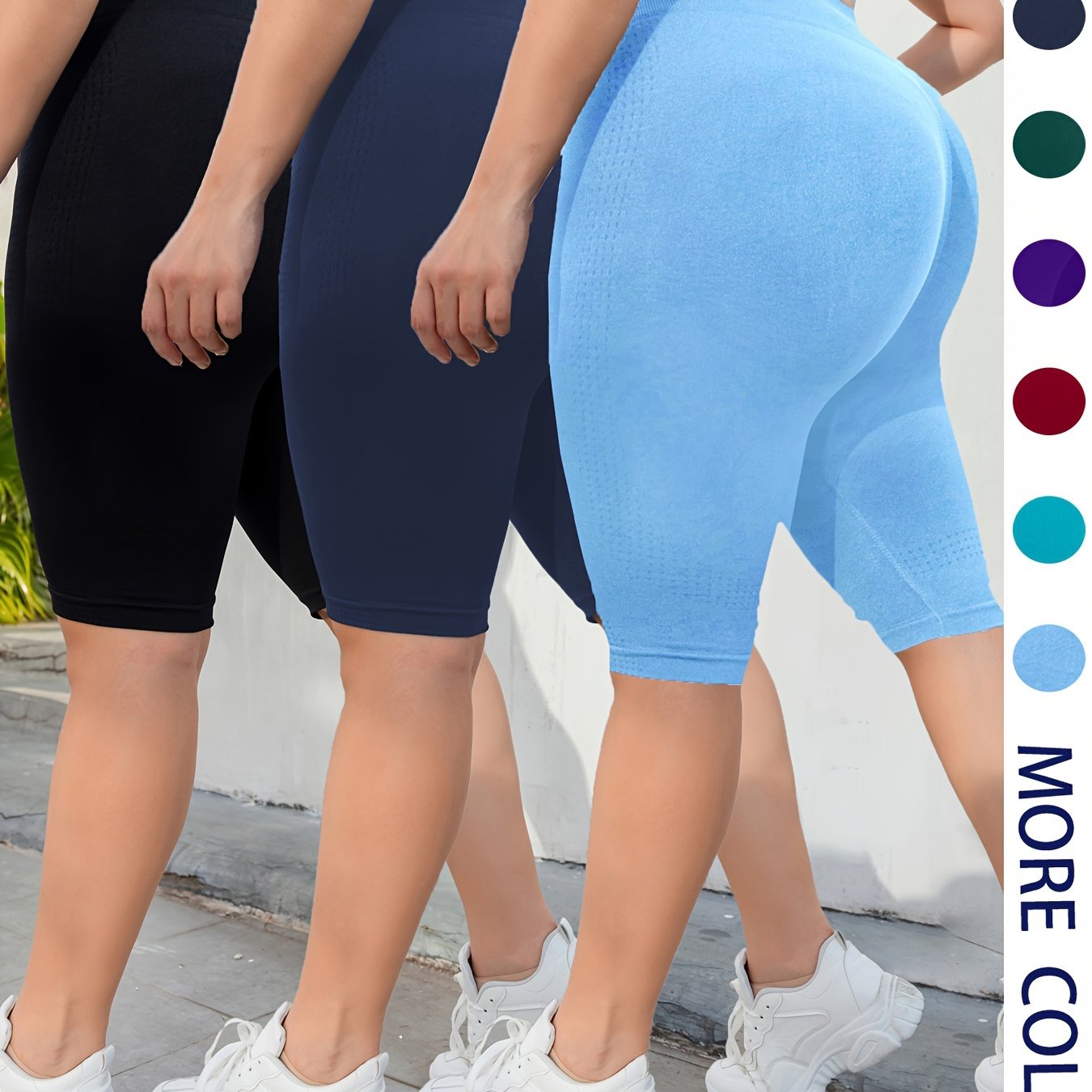 3-Pack Plus Size Yoga Shorts For Women, High Waist Peach Lift, Stretchy, Butt-lifting, High Elasticity, Fitness Activewear, Quick-Dry, Seamless Sport Shorts Set - Hiccupzz
