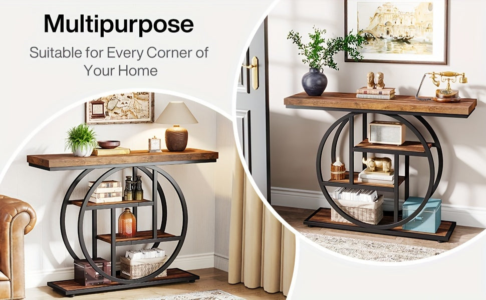 41.3" Console Table, 4-Tier Entryway Sofa Table with Circle Base, Rustic Brown Accent Table for Living Room & Hallway