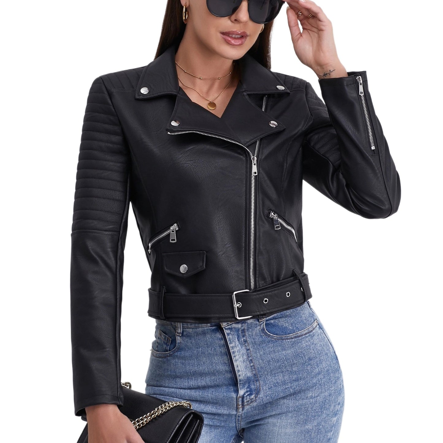 Women's Solid Biker Jacket - Long Sleeve Zipper Streetwear Outerwear - Hiccupzz