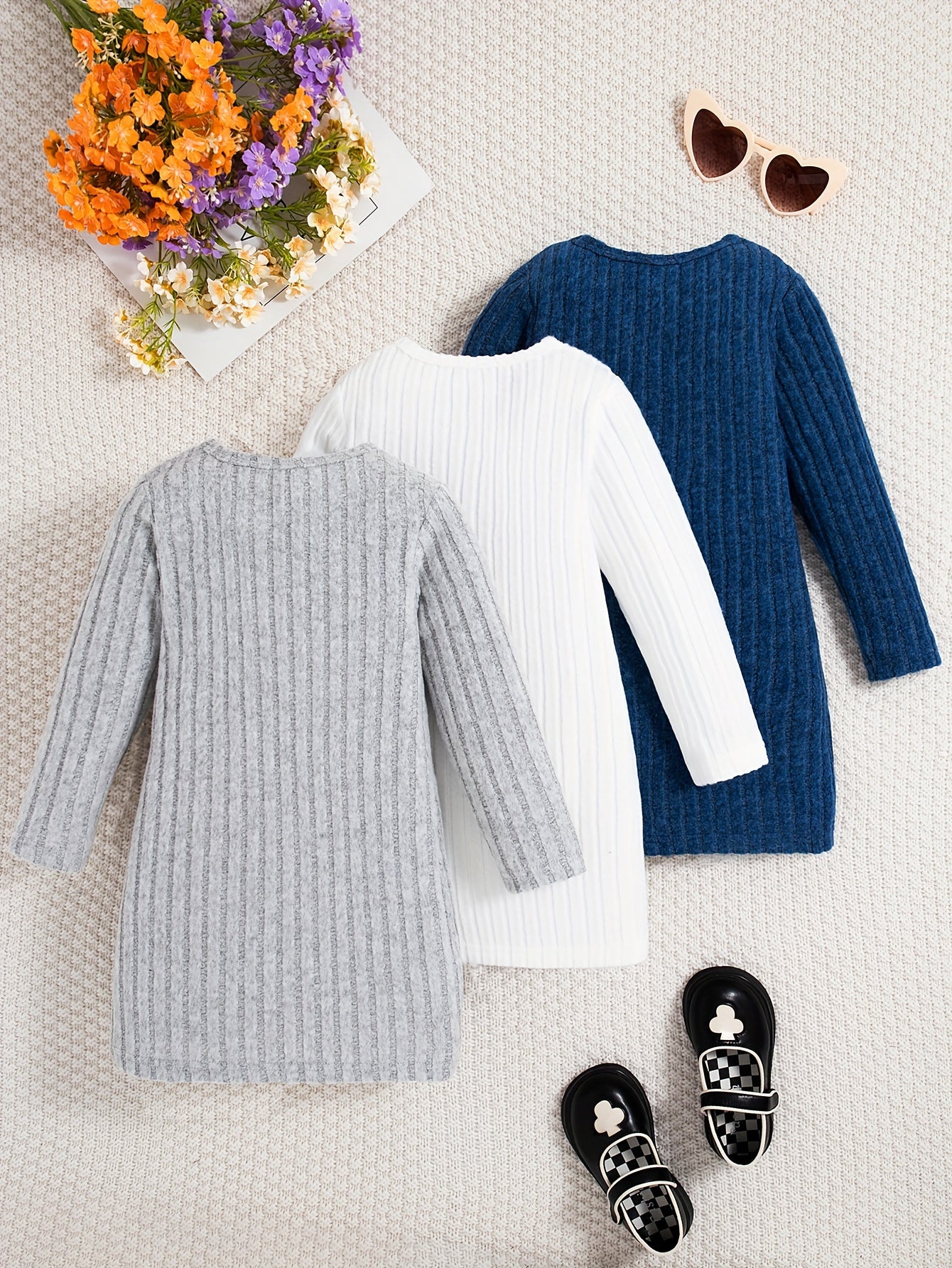 3 Pcs Girls Ribbed Knit Dress Set, Comfy & Elegant, Spring/Fall Dresses - Hiccupzz
