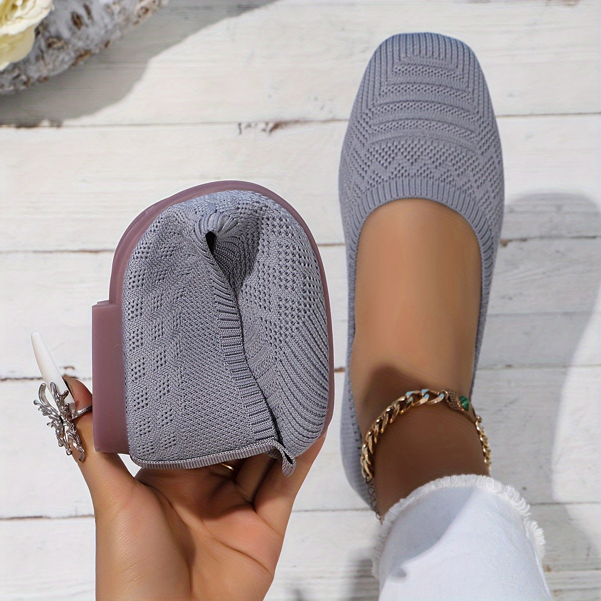 Women's Breathable Square Toe Slip-On Flats, Lightweight & Comfortable Casual Shoes - Hiccupzz