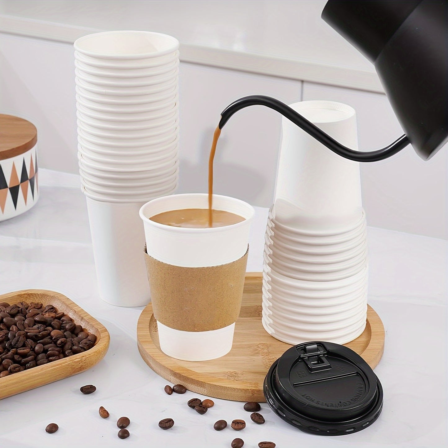 50-Pack Disposable Coffee Cups with Lids & Sleeves - 12/16 oz Eco-Friendly White Paper Cups, Black Lids for Hot Drinks, Tea, or Chocolate - Hiccupzz