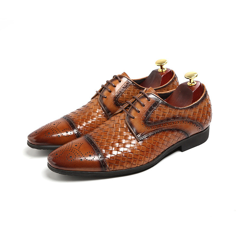 Men's New British Woven Pointed Business Leather Shoes - Hiccupzz