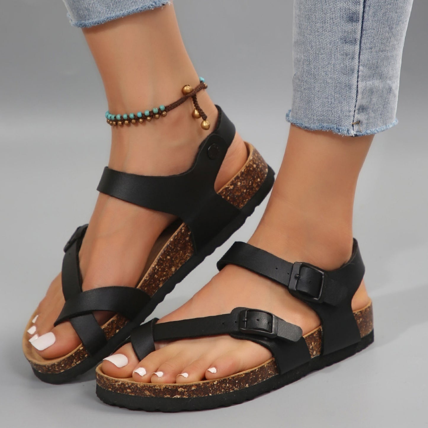 Women's Casual Leather Slides Sandals with Adjustable Buckles, Non-Slip Orthopedic Cork Footbed, Arch Supportive Comfort Fashion Shoes - Hiccupzz