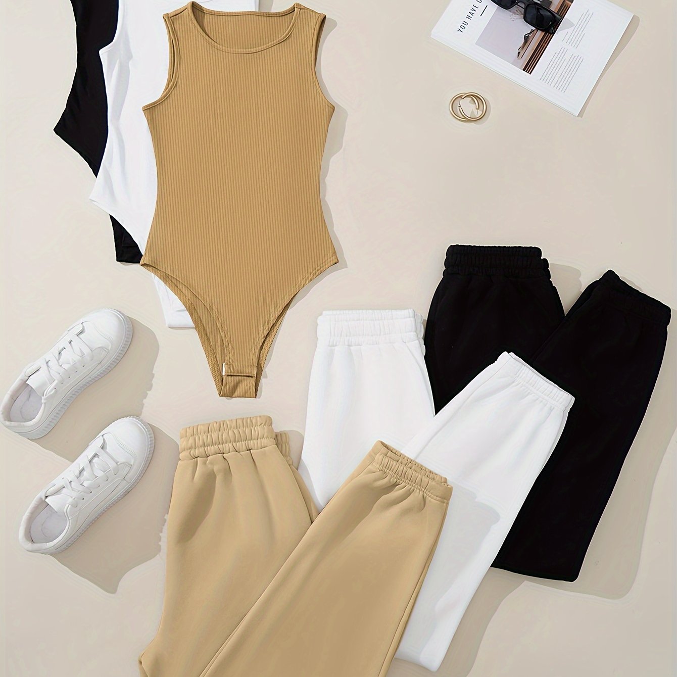 3 Sets Solid Two-piece Sets, Crew Neck Ribbed Tank Bodysuit & Elastic Waist Joggers Outfits, Women's Clothing - Hiccupzz