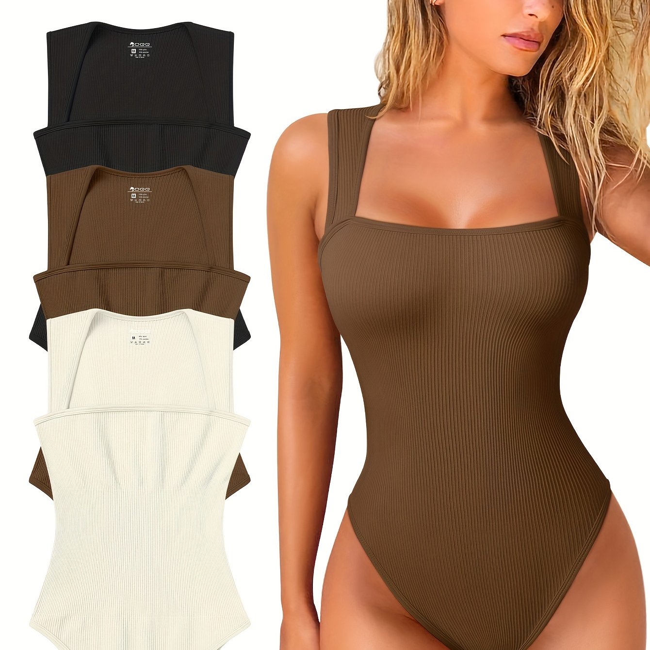 OQQ 3 Piece Bodysuits For Women Sexy Ribbed Strappy Square Neck Stretch Tank Tops Bodysuits - Hiccupzz