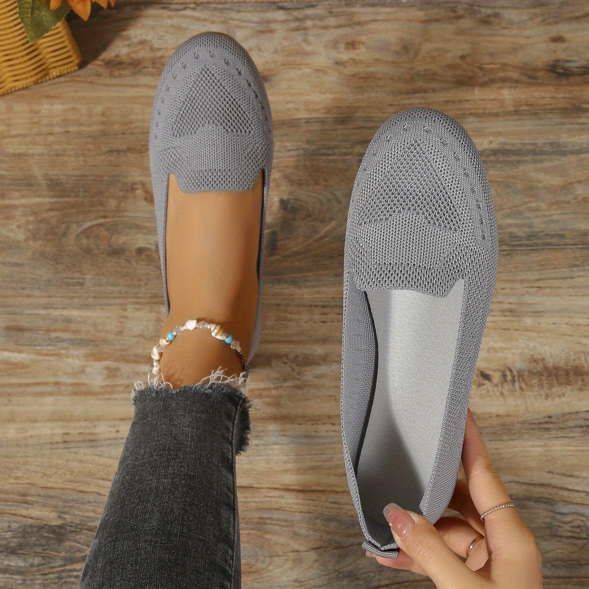 Women's Black Slip-On Flats - Breathable Knitted Round Toe Non-Slip Casual Lightweight Walking Shoes - Hiccupzz