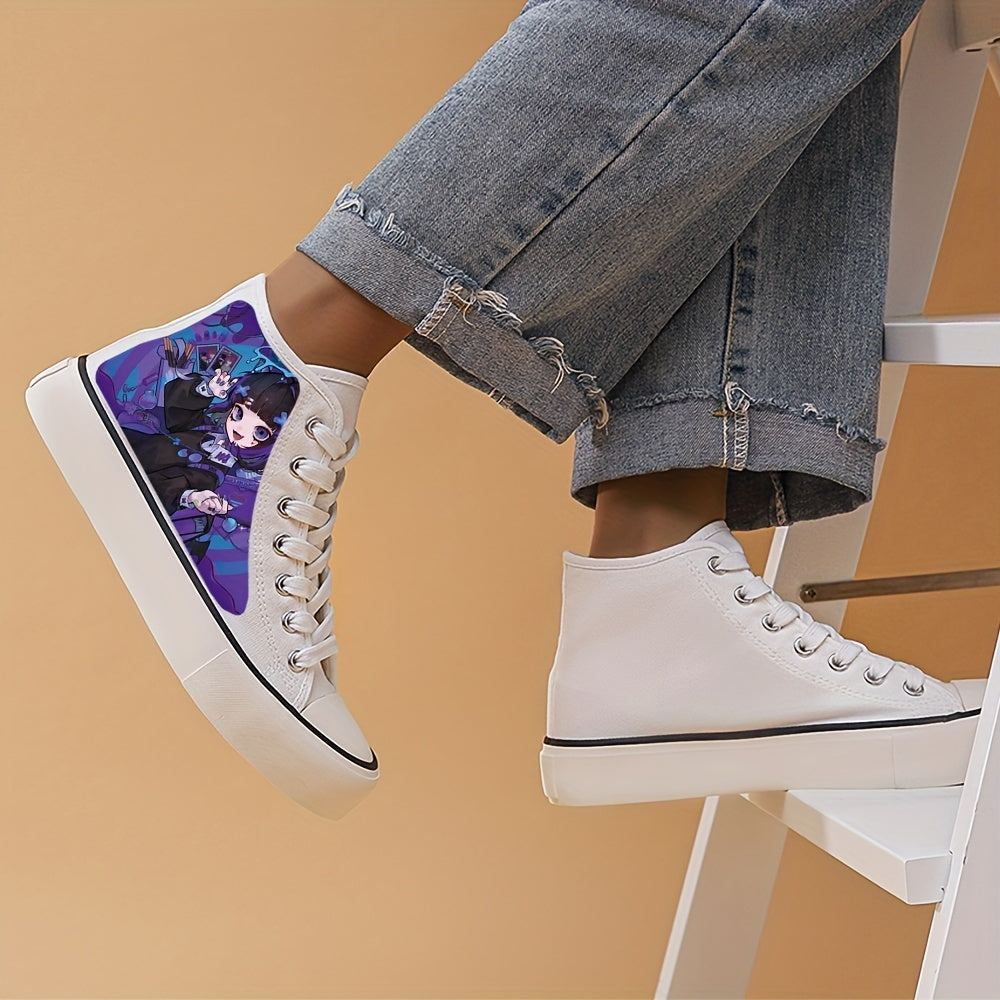Women's Anime Beauty Print Shoes, Lace Up Comfy Platform Daily Skate Shoes, Lightweight High-top Canvas Shoes - Hiccupzz