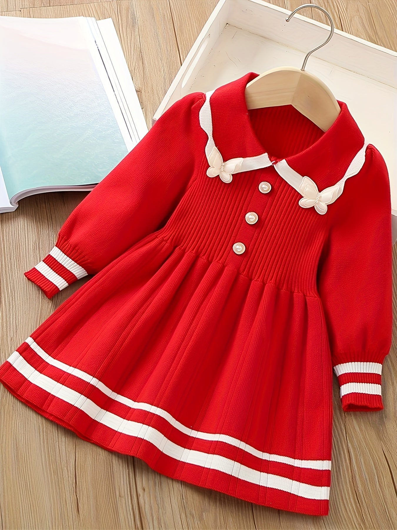 Girls Knit Dress, Color Contrast Butterfly Design, Warm and Cute - Hiccupzz