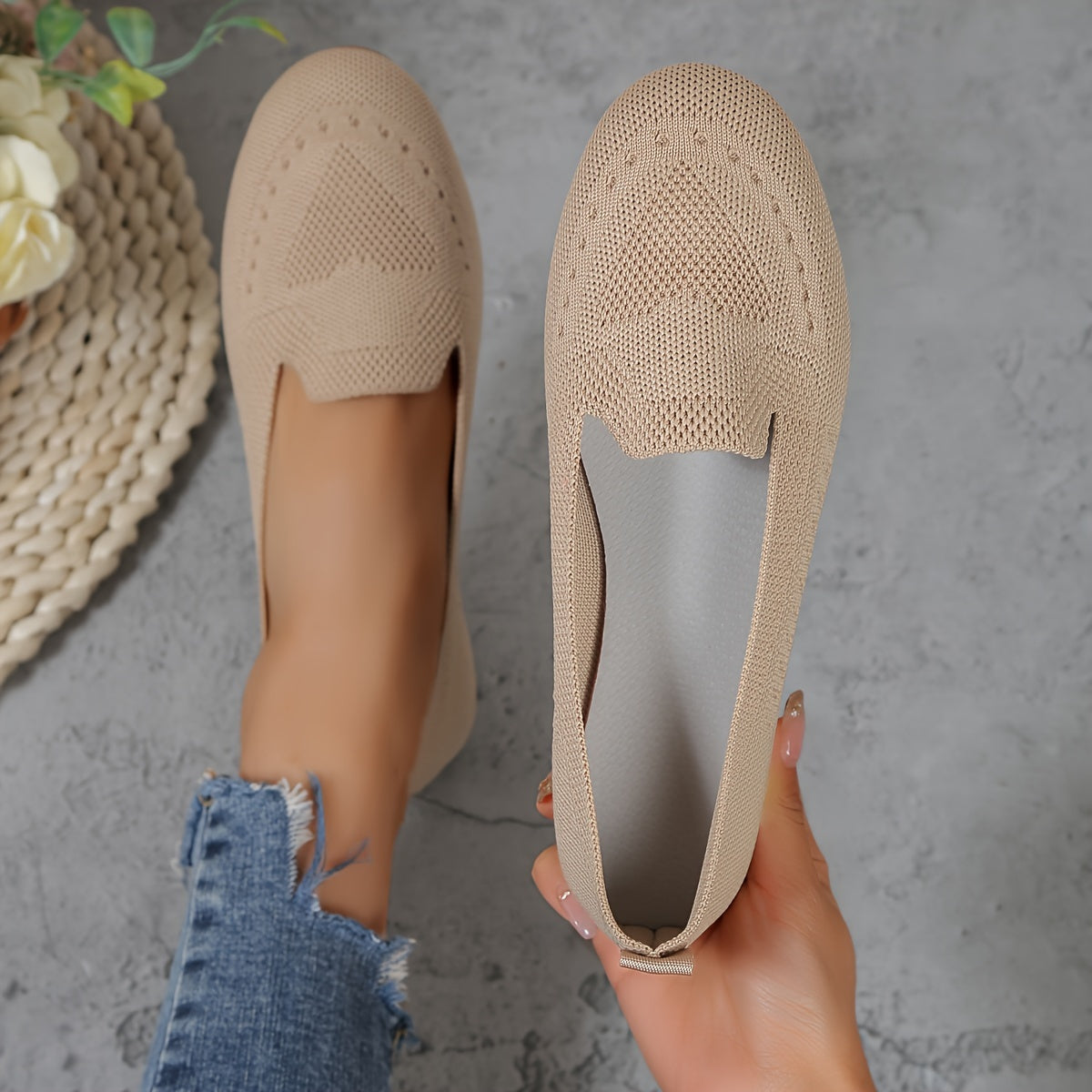 Women's Black Slip-On Flats - Breathable Knitted Round Toe Non-Slip Casual Lightweight Walking Shoes - Hiccupzz