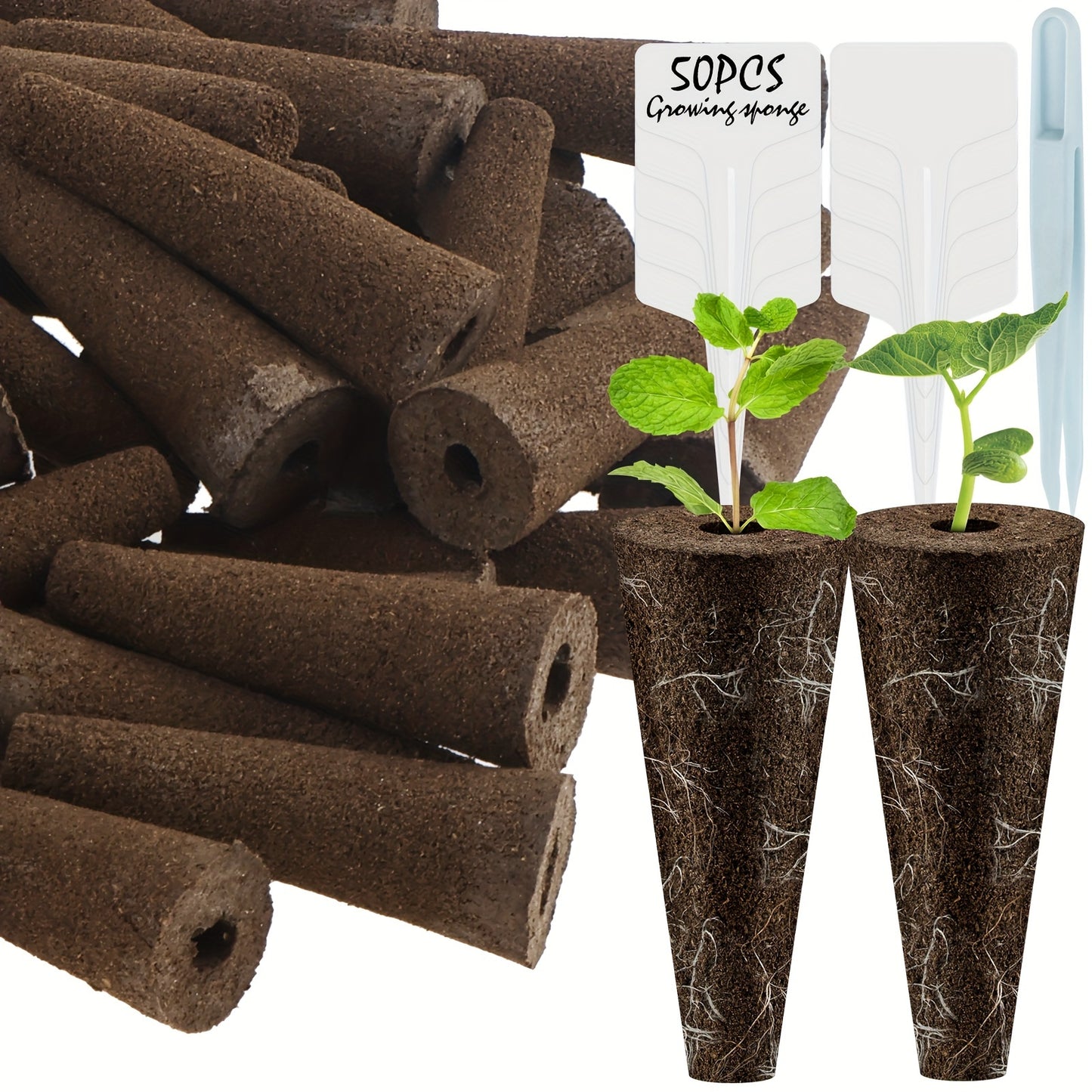 50 Pcs Hydroponic Grow Sponges Kit - Seed Starter Sponges with 10 Plant Labels & 1 Tweezer for Root Growth