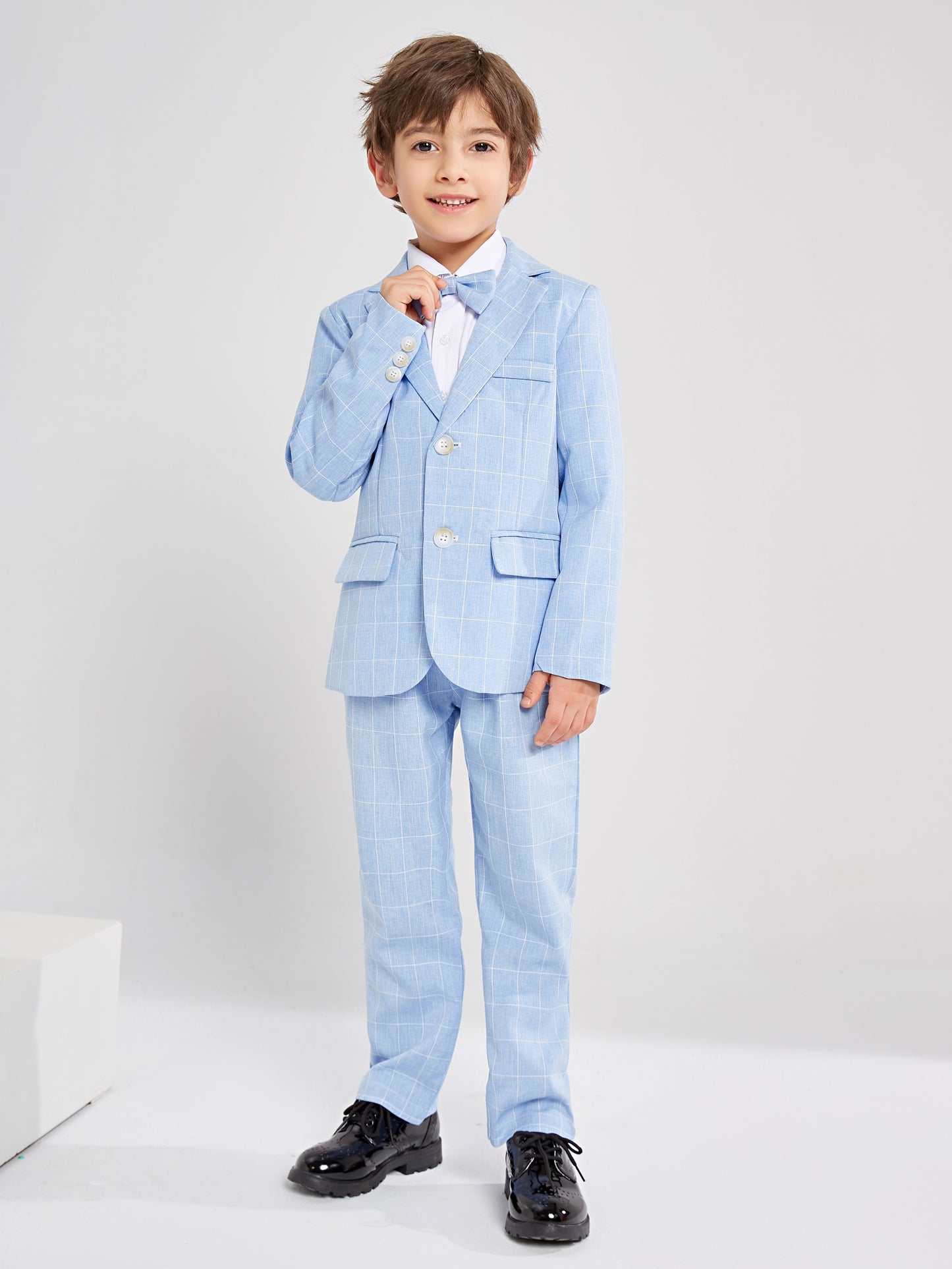 3-Pcs Boys Formal Plaid Gentleman Outfit Set, Long Sleeve Blazer, Bowtie, Pants - Hiccupzz