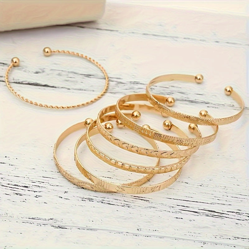 Pieces/Set Retro Ethnic Style Stacking Bracelets with Engraved Textured Openings, Adjustable Iron Bracelet Combinations - Hiccupzz