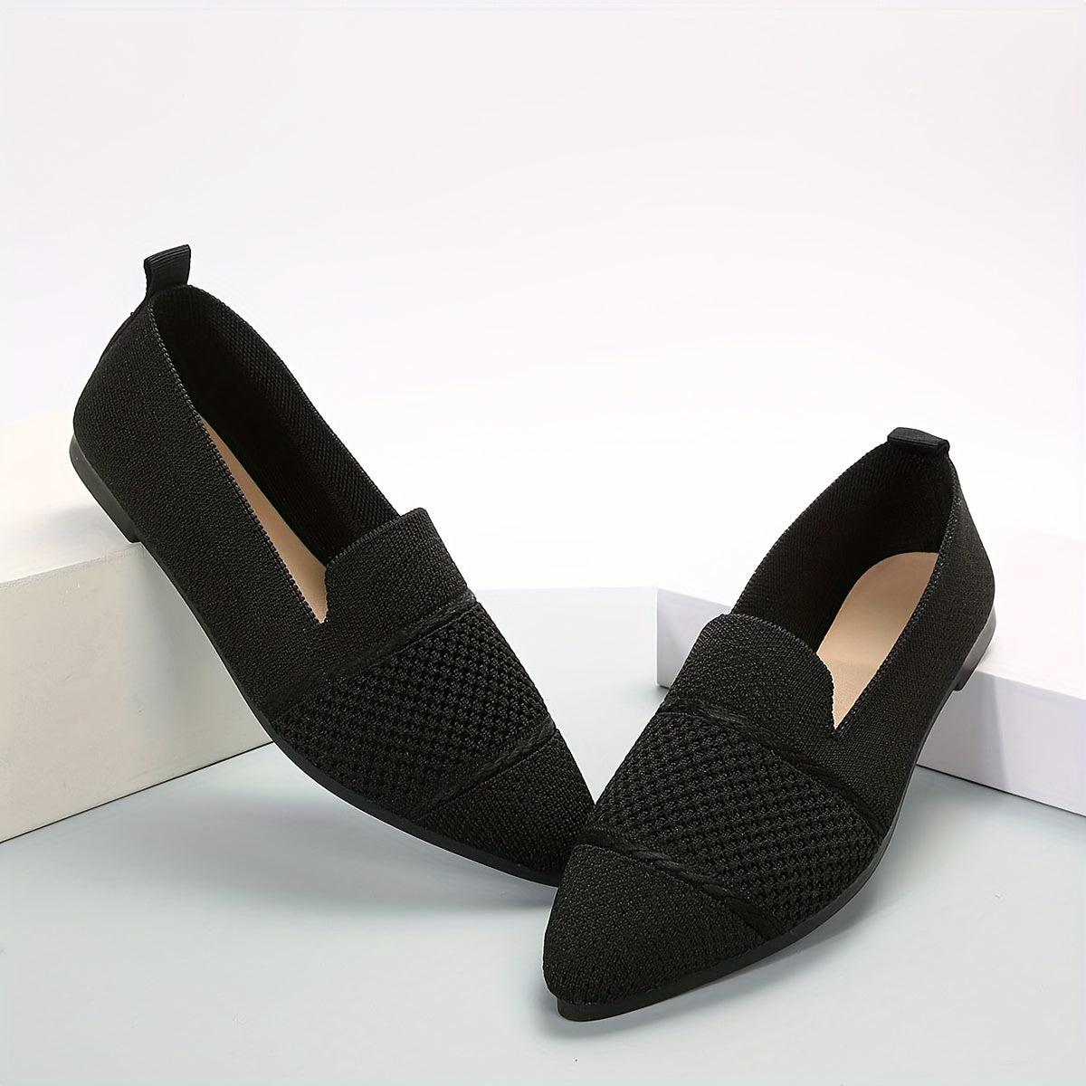 Women's Minimalist Slip-On Knitted Flats, Point Toe, Soft Sole Ballets, Lightweight Comfort - Hiccupzz