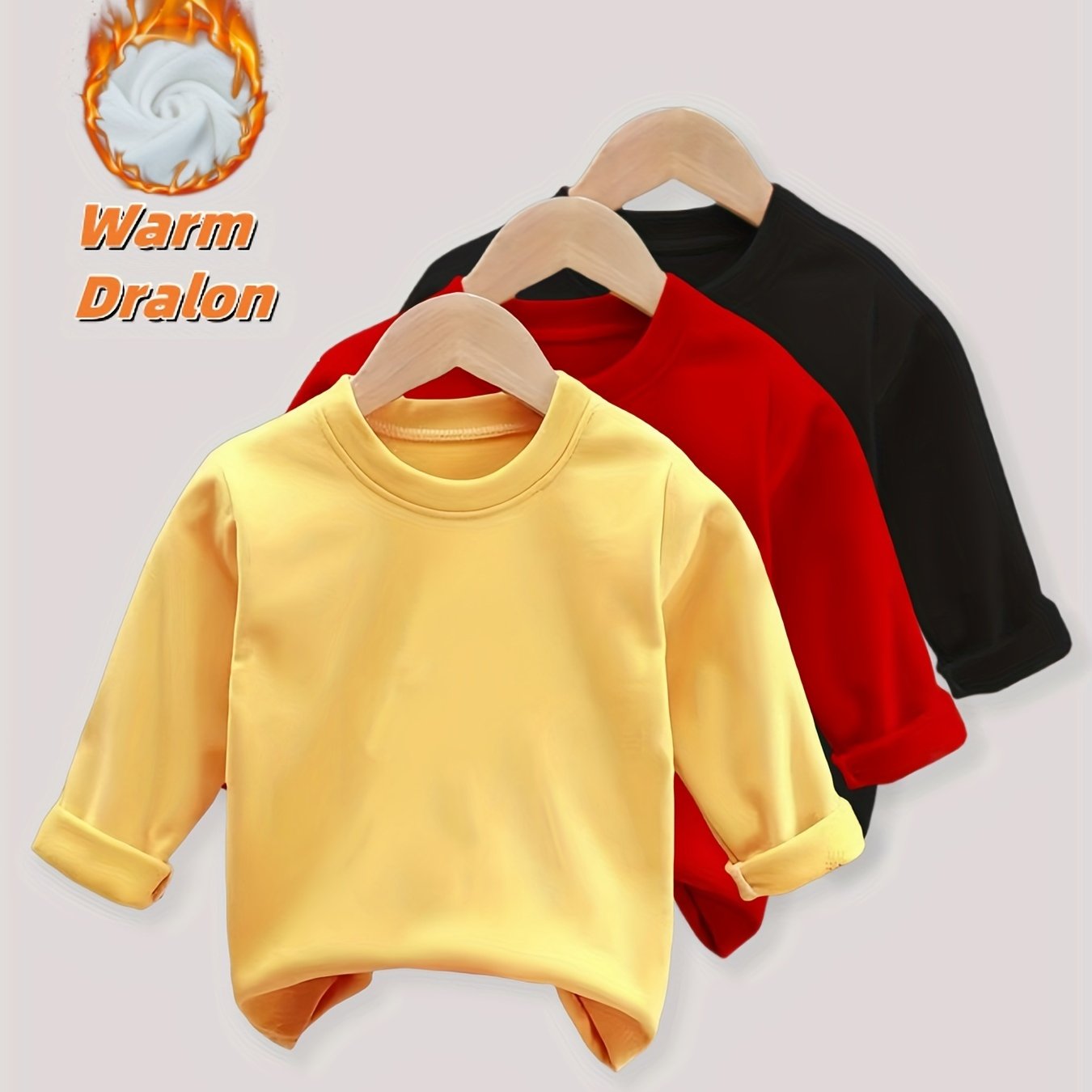 3-Pack Kids Warm Long Sleeve T-Shirts, Soft Stretchy Polyester, Regular Fit, Solid Color - Hiccupzz