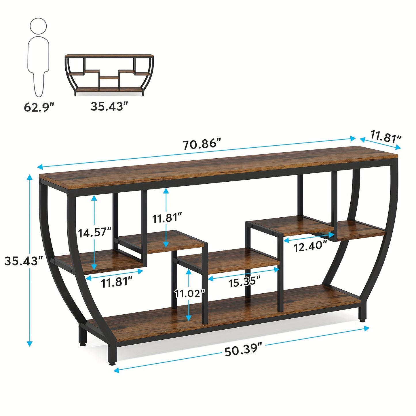 Little Tree Rustic 70.9 Inch Sofa Table with Shelves, Industrial Console Table with Storage, Entryway Table TV Stand