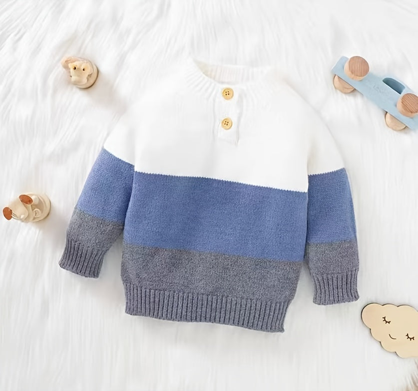 Boys Striped Knit Sweater, Mandarin Collar, Button Detail, Long Sleeve, Fall/Winter Wear - Hiccupzz