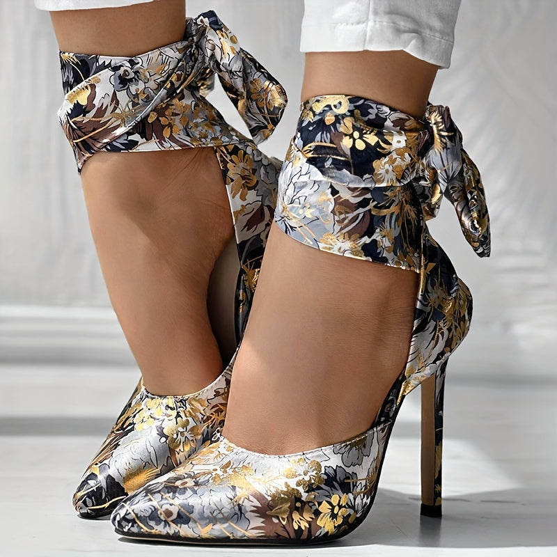 Floral Satin High Heels - Elegant Pointed Toe Lace Up Stilettos for Parties and Dressy Occasions - Hiccupzz