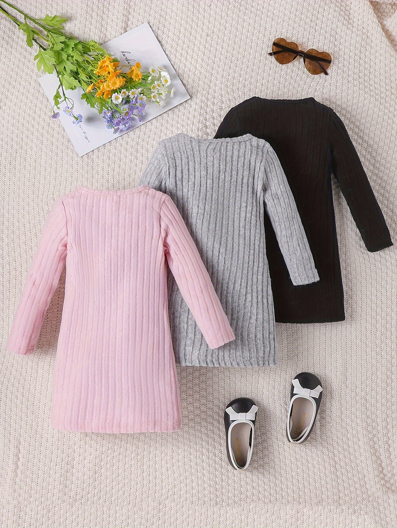 3 Pcs Girls Ribbed Knit Dress Set, Comfy & Elegant, Spring/Fall Dresses - Hiccupzz