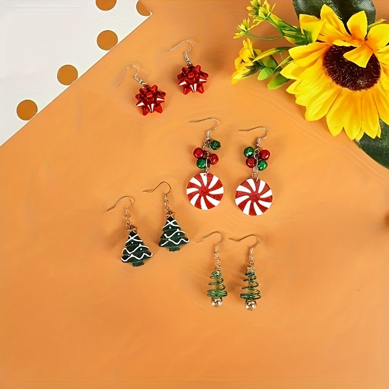 9-Piece Set of Bow and Christmas Earrings - Alloy Christmas Tree, Santa Claus, Bell Earrings for Parties, Holidays, and Daily Wear