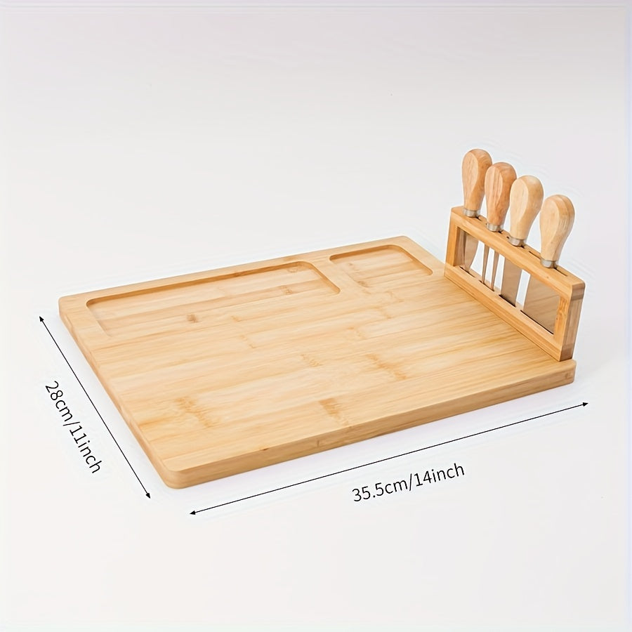 1 Set Bamboo Cheese Board Set, Cheese Tray, Charcuterie Board and Serving Meat Platter with 4 Stainless Steel Cheese Knives